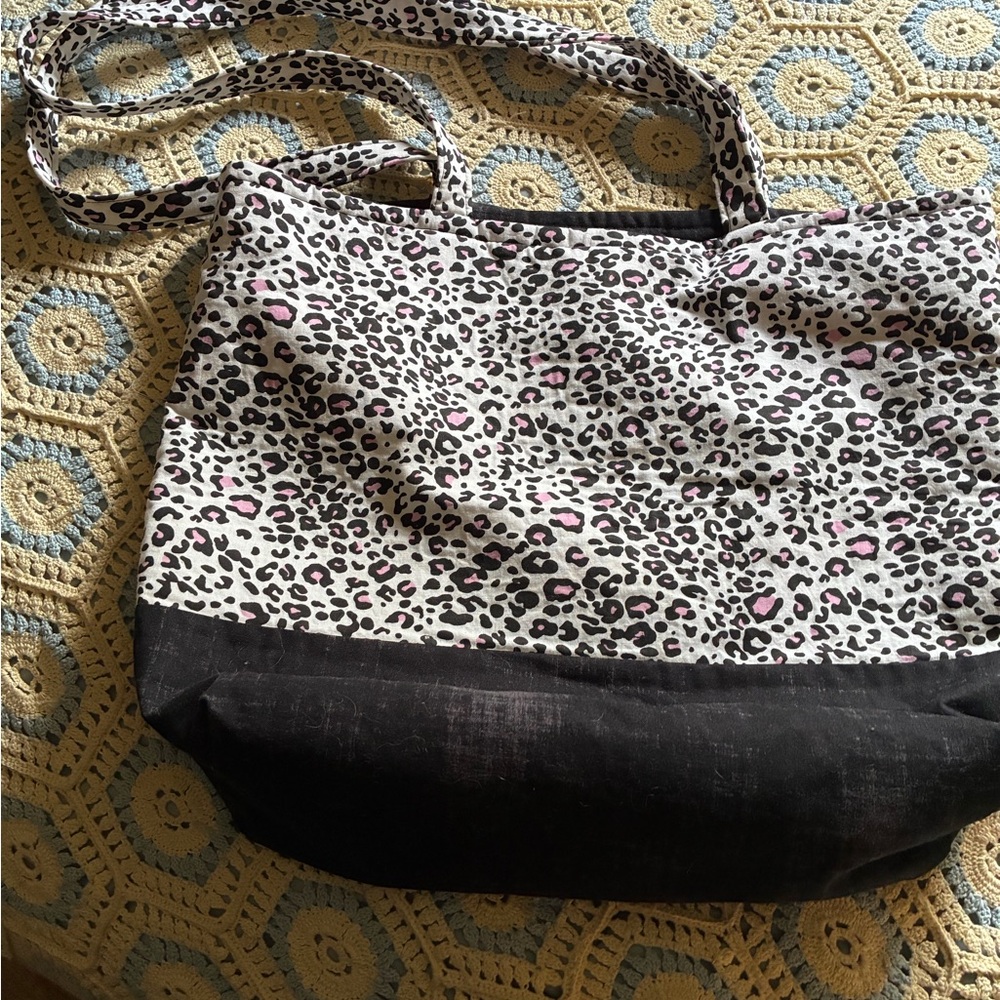 Handmade Leopard Print Quilt Tote Bag with Black Base - Pink Accent